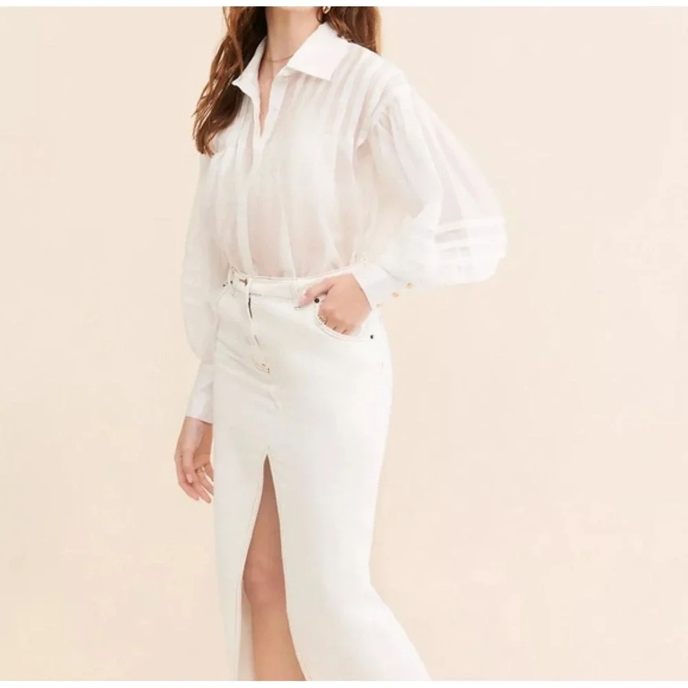 Anthropologie Aureta Gisele Button Blouse Size L White Pleat Back Balloon Sleeve